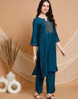 Solid Poly Viscose Kurta Set with Zari Embroidery