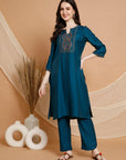 Solid Poly Viscose Kurta Set with Zari Embroidery