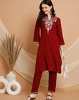 Solid Rayon Kurta Set with Ethnic Embroidery & Bell Sleeves