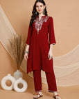 Solid Rayon Kurta Set with Ethnic Embroidery & Bell Sleeves
