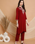 Solid Rayon Kurta Set with Ethnic Embroidery & Bell Sleeves