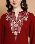 Solid Rayon Kurta Set with Ethnic Embroidery & Bell Sleeves