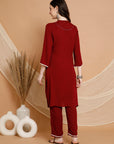 Solid Rayon Kurta Set with Ethnic Embroidery & Bell Sleeves