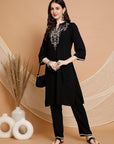 Solid Rayon Kurta Set with Ethnic Embroidery & Bell Sleeves