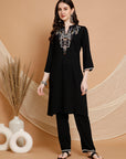 Solid Rayon Kurta Set with Ethnic Embroidery & Bell Sleeves
