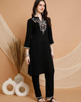 Solid Rayon Kurta Set with Ethnic Embroidery & Bell Sleeves