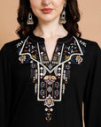 Solid Rayon Kurta Set with Ethnic Embroidery & Bell Sleeves