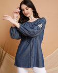 Embroidered Cotton Kurti with Elasticated Sleeves & Round Neck