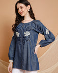 Embroidered Cotton Kurti with Elasticated Sleeves & Round Neck