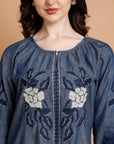 Embroidered Cotton Kurti with Elasticated Sleeves & Round Neck