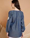 Embroidered Cotton Kurti with Elasticated Sleeves & Round Neck