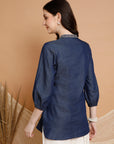 Denim Cotton Straight Tunic with Floral Embroidered Collar & Elastic Sleeves
