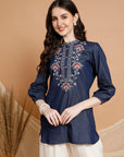 Denim Cotton Straight Tunic with Floral Embroidered Collar & Elastic Sleeves