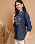 Denim Cotton Straight Tunic with Floral Embroidered Collar & Elastic Sleeves