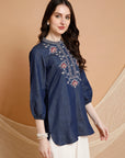 Denim Cotton Straight Tunic with Floral Embroidered Collar & Elastic Sleeves