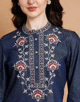 Denim Cotton Straight Tunic with Floral Embroidered Collar & Elastic Sleeves