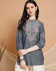 Solid Cotton Straight kurti with Ethnic Embroidery
