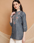 Solid Cotton Straight kurti with Ethnic Embroidery