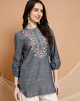 Solid Cotton Straight kurti with Ethnic Embroidery