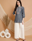 Solid Cotton Straight kurti with Ethnic Embroidery