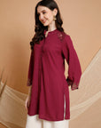 Crepe Festive Tunic with Zari Bell Sleeves & Frilled Mandarin Collar