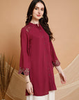 Crepe Festive Tunic with Zari Bell Sleeves & Frilled Mandarin Collar
