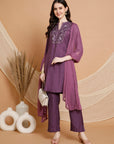 Poly Viscose Kurta Set with Sequin Details & Lace-Trimmed Dupatta