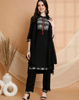 Solid Straight Rayon Kurta Set with Ethnic Embroidery & Chiffon Dupatta