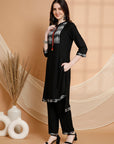 Solid Straight Rayon Kurta Set with Ethnic Embroidery & Chiffon Dupatta