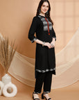 Solid Straight Rayon Kurta Set with Ethnic Embroidery & Chiffon Dupatta