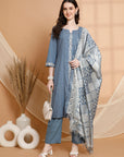 Solid Straight Cotton Linen Kurta Set with Embroidered Details & Silk Dupatta