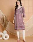 Ethnic Motif Printed Straight Poly Muslin Kurta with Sewroskie Work