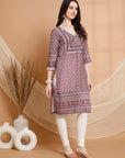 Ethnic Motif Printed Straight Poly Muslin Kurta with Sewroskie Work