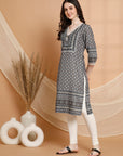 Ethnic Motif Printed Straight Poly Muslin Kurta with Sewroskie Work