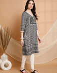 Ethnic Motif Printed Straight Poly Muslin Kurta with Sewroskie Work