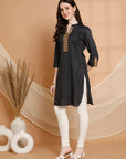 Solid Straight Cotton Kurta with Laced Yoke