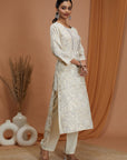Floral Printed Eco Cotton Kurta Set with Mirror Embroidery and Dupatta