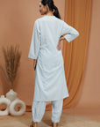 Embroidered Cotton Linen Kurta Set with Laced Dupatta