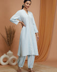 Embroidered Cotton Linen Kurta Set with Laced Dupatta