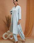 Embroidered Cotton Linen Kurta Set with Laced Dupatta