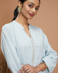 Embroidered Cotton Linen Kurta Set with Laced Dupatta