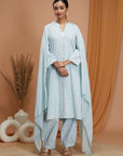 Embroidered Cotton Linen Kurta Set with Laced Dupatta