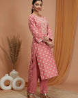 Ethnic Motif Cotton Kurta Set with Zari Embroidery, Palazzo & Chiffon Dupatta