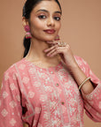 Ethnic Motif Cotton Kurta Set with Zari Embroidery, Palazzo & Chiffon Dupatta