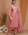 Ethnic Motif Cotton Kurta Set with Zari Embroidery, Palazzo & Chiffon Dupatta