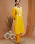 Solid A-Line Rayon Kurta Set with Lakhnavi Embroidery
