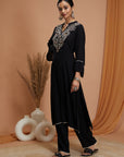 Solid Rayon Crinkle Kurta Set with Thread Embroidery