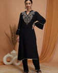 Solid Rayon Crinkle Kurta Set with Thread Embroidery