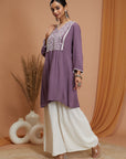 Solid A-Line Rayon Crinkle Kurti with Thread Embroidery