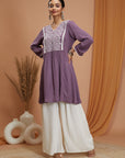 Solid A-Line Rayon Crinkle Kurti with Thread Embroidery